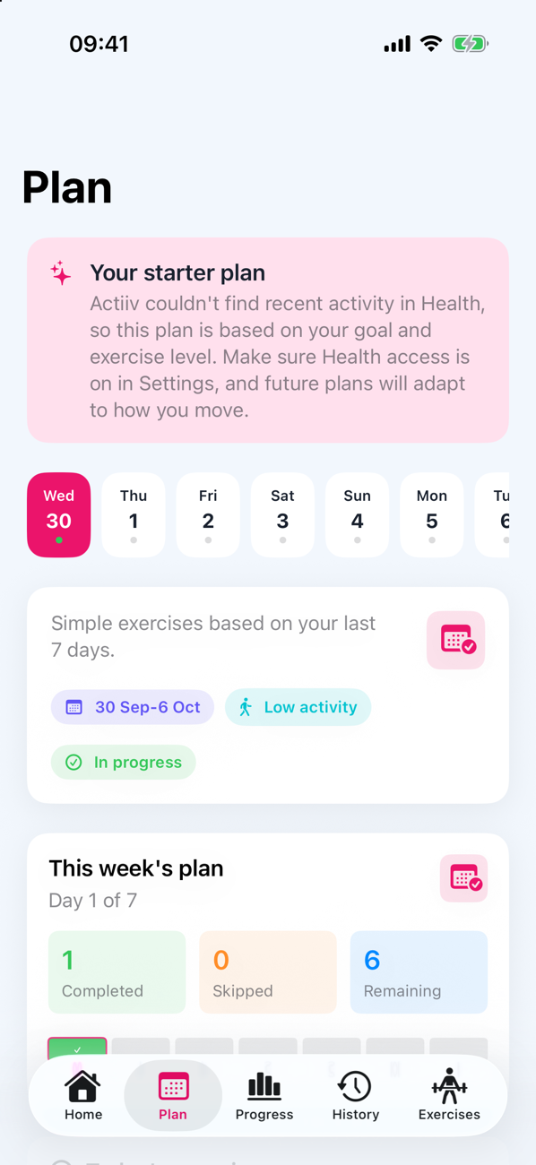The Plan tab showing this week's exercises