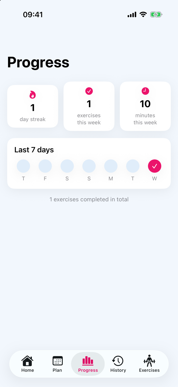 The Progress tab with a day streak and the last seven days