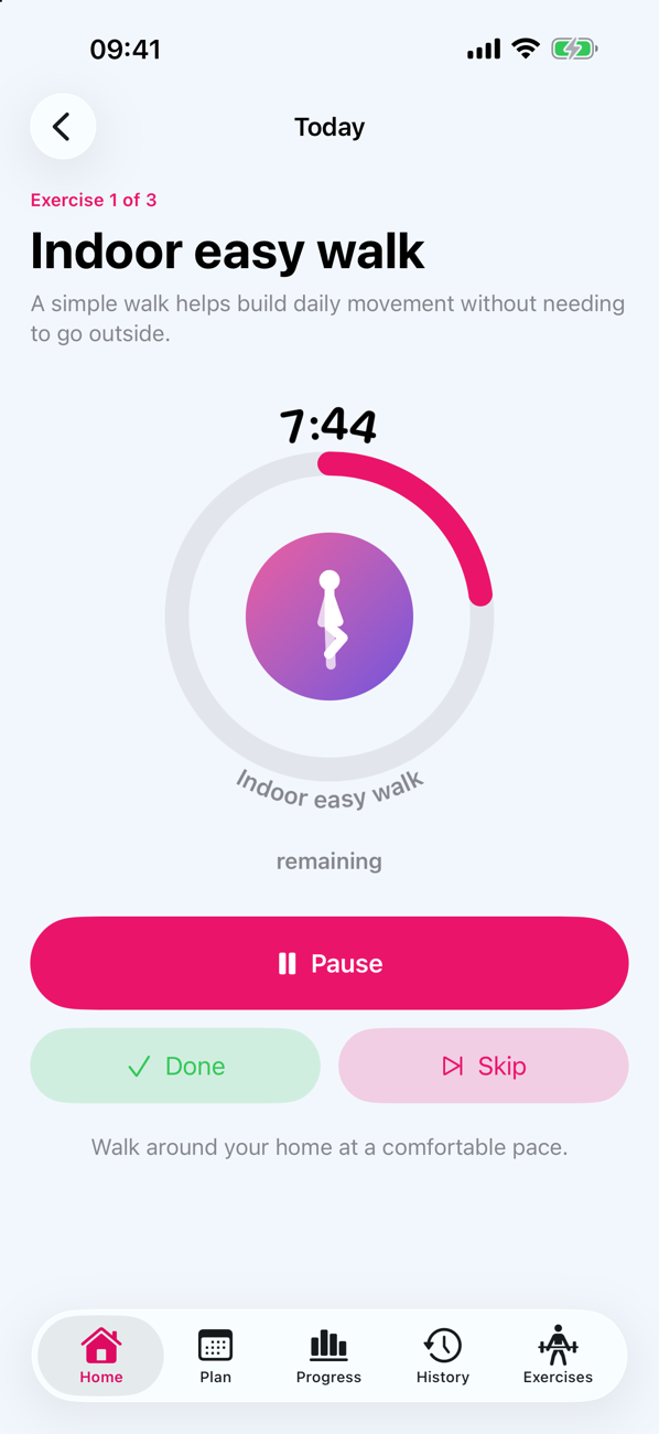 A running exercise with a countdown ring, Pause, Done and Skip buttons